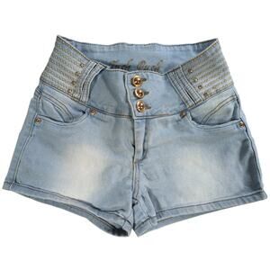 Tush Push Jeans High Waist Light Wash Denim Shorts Gold Button Women S